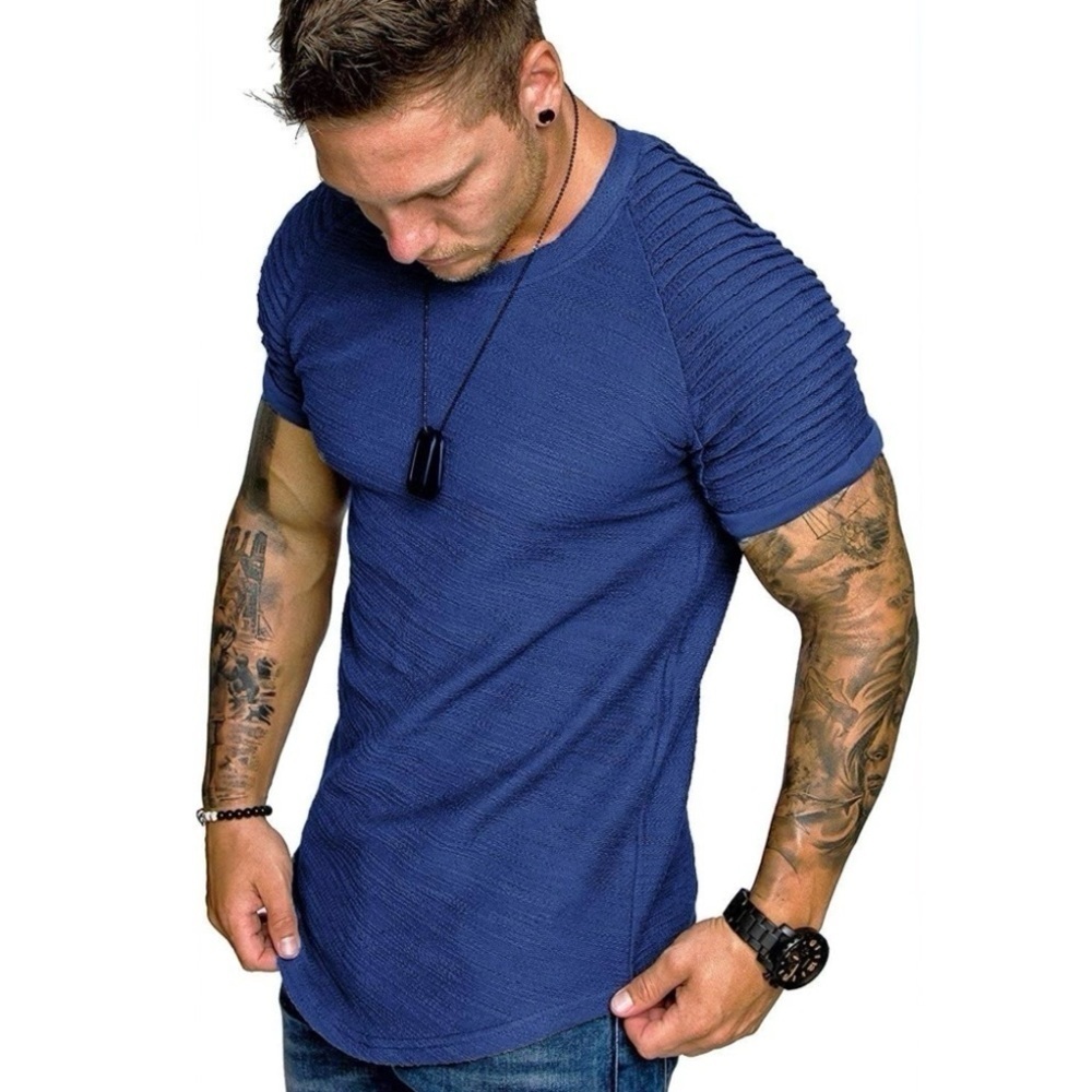 Basic Slim Trendy Stretch Fitness Pleated Sleeve Crew Neck Raglan Tee